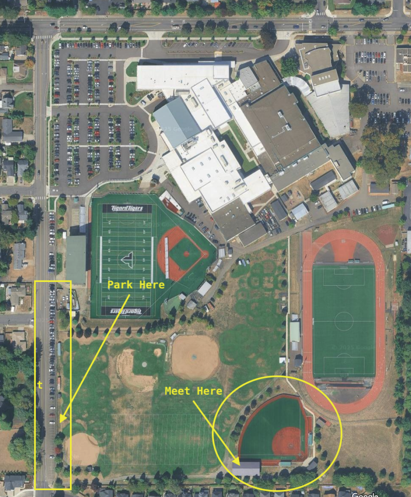 A map of Tigard HS showing where to park an meet for Blast tryouts.